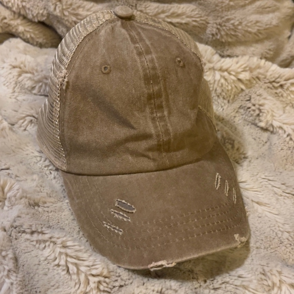 Women’s Distressed Tan Baseball Cap | Hats | Ponytail Hole Hat - Picture 2 of 11